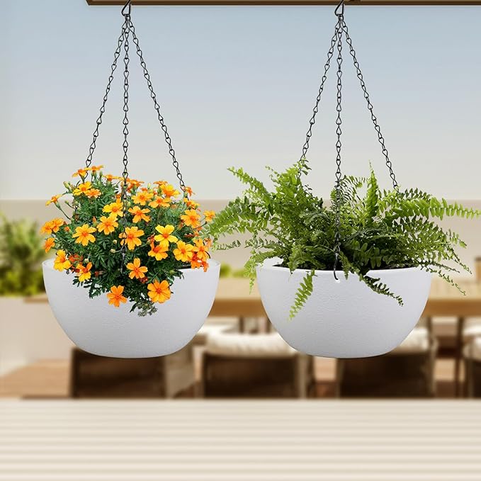 8 inch Small Hanging Planters for Indoor Outdoor Plants, 2 Pack Hanging Flower Pots with Drainage Holes and Chain for Garden Porch, Plastic Hanging Baskets for House Plants, White