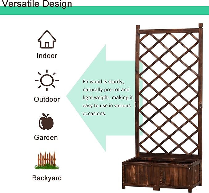 Anraja Raised Garden Bed with Trellis Wooden Planter Box Outdoor Wood Privacy Screen for Climbing Plant Planting Flower Patio Tomato Vegetable Herb Balcony Porch 29.5" L x 17.0" W x 67.0" H
