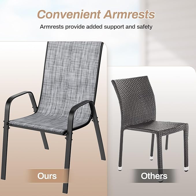 TLSUNNY Patio Chairs, Stackable Textilene Outdoor Dining Furniture for All Weather, with 17.7″ Wide Seat & Metal Frame, for Garden, Backyard, Deck, Restaurant, Poolside (6, Grey, 26.4″)
