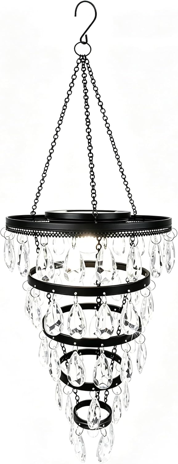 SUNNYPARK Hanging Solar Chandelier Light Outdoor Waterproof | Handcrafted with Teardrop Prisms, Solar Powered, Decorative Hanging Light for Patio, Porch, Gazebo Garden & Holiday