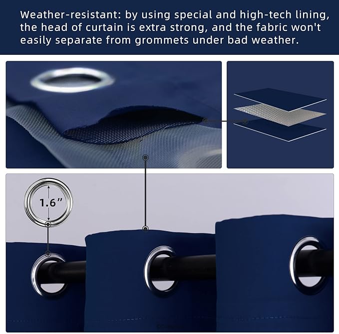 Water Proof Outside Curtains with Grommet Top for Porch, W52 x L120 Thermal Insulated Washable Light Block Outdoor Divider Drapes for Patio Gazebo Deck Pool Area Pergola Cabana (Navy, 2 Panels)