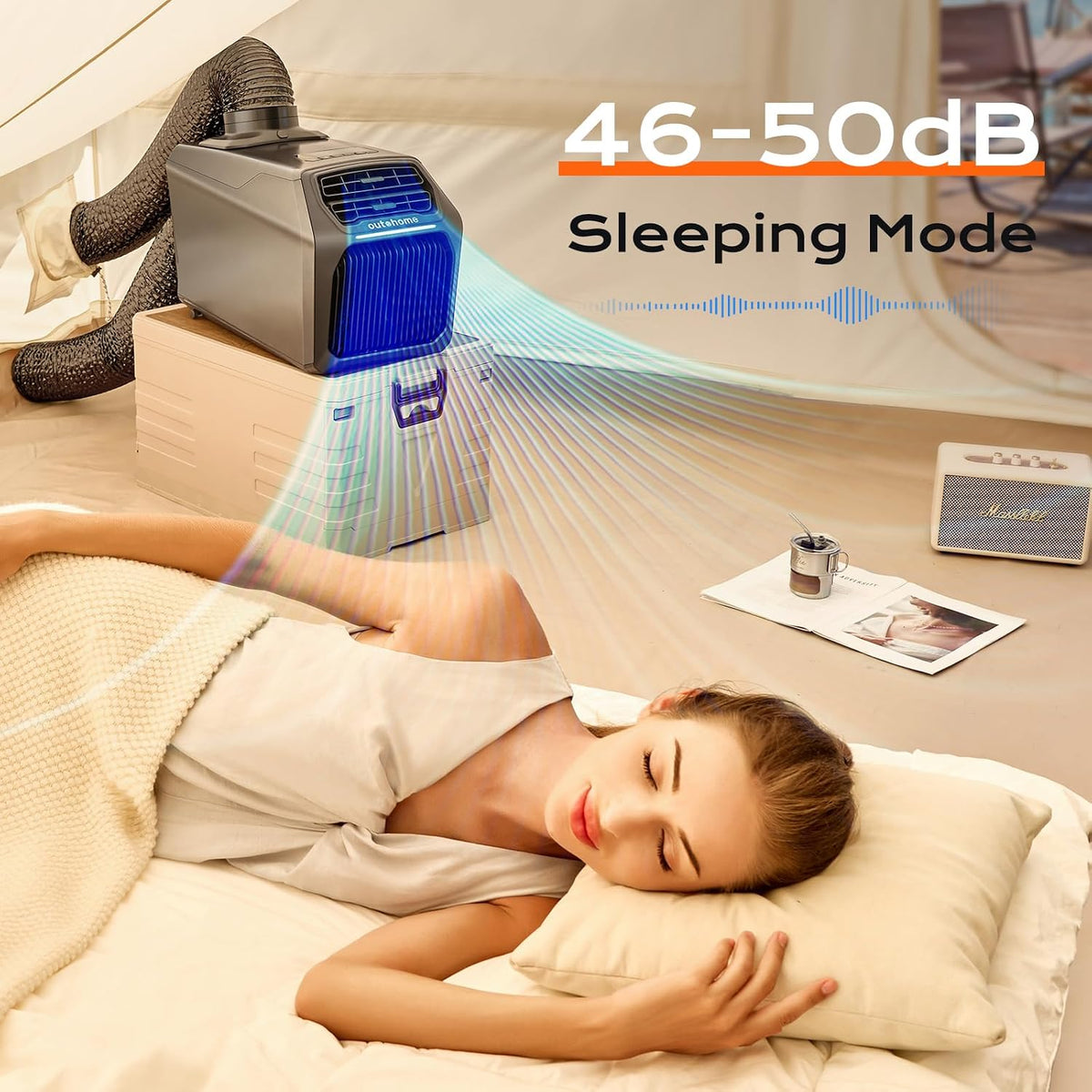 baykul portable camping air conditioner & heater, 6-in-1 on a desk or shelf