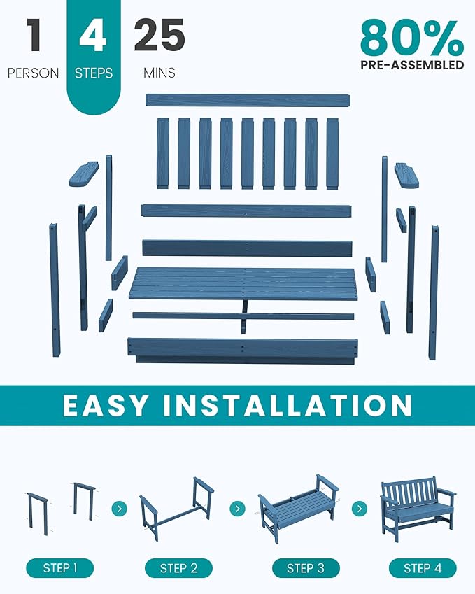 SERWALL HDPE Outdoor Benches Weatherproof, 2-Person Garden Bench with 660 lbs Weight Capacity, Patio Benches for Outdoors, Garden, Porch, Park, Navy, 2 Pack