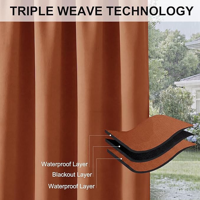 RYB HOME Outdoor Curtains for Patio Waterproof Block Sunlight Thermal Insulated Privacy Assured Thick Outside Curtains for Porch, Gazebo, Pergola, W52 x L95, Mecca Red, 1 Panel