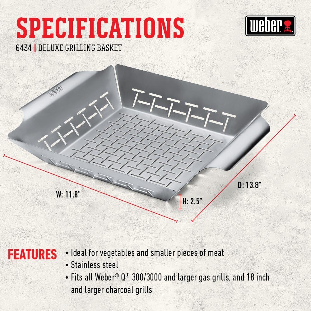 Weber® Deluxe Grilling Basket, Stainless Steel for Goourmet Grilling | Grill Basket for Vegetables, Seafood & Small Foods, Durable BBQ Cooking Accessory for Charcoal & Gas Grills - Grill Accessory