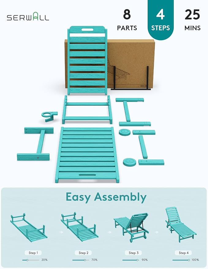SERWALL Outdoor Chaise Lounge Set of 2 with 9FT Umbrella, HDPE Pool Lounge Chair with 5-Position Adjustable Backrest, Patio Lounger with Rolling Wheels & Cup Holder for Pool, Aruba
