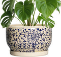 SQOWL 10 Inch Plant Pot Indoor - Ceramic Planter with Drainage Hole and Tray, Large Ceramic Flower Pots Outdoor, Porcelain Decorative Round Planter, Room Decor, Gifts for Plant Lovers, Blue and Beige