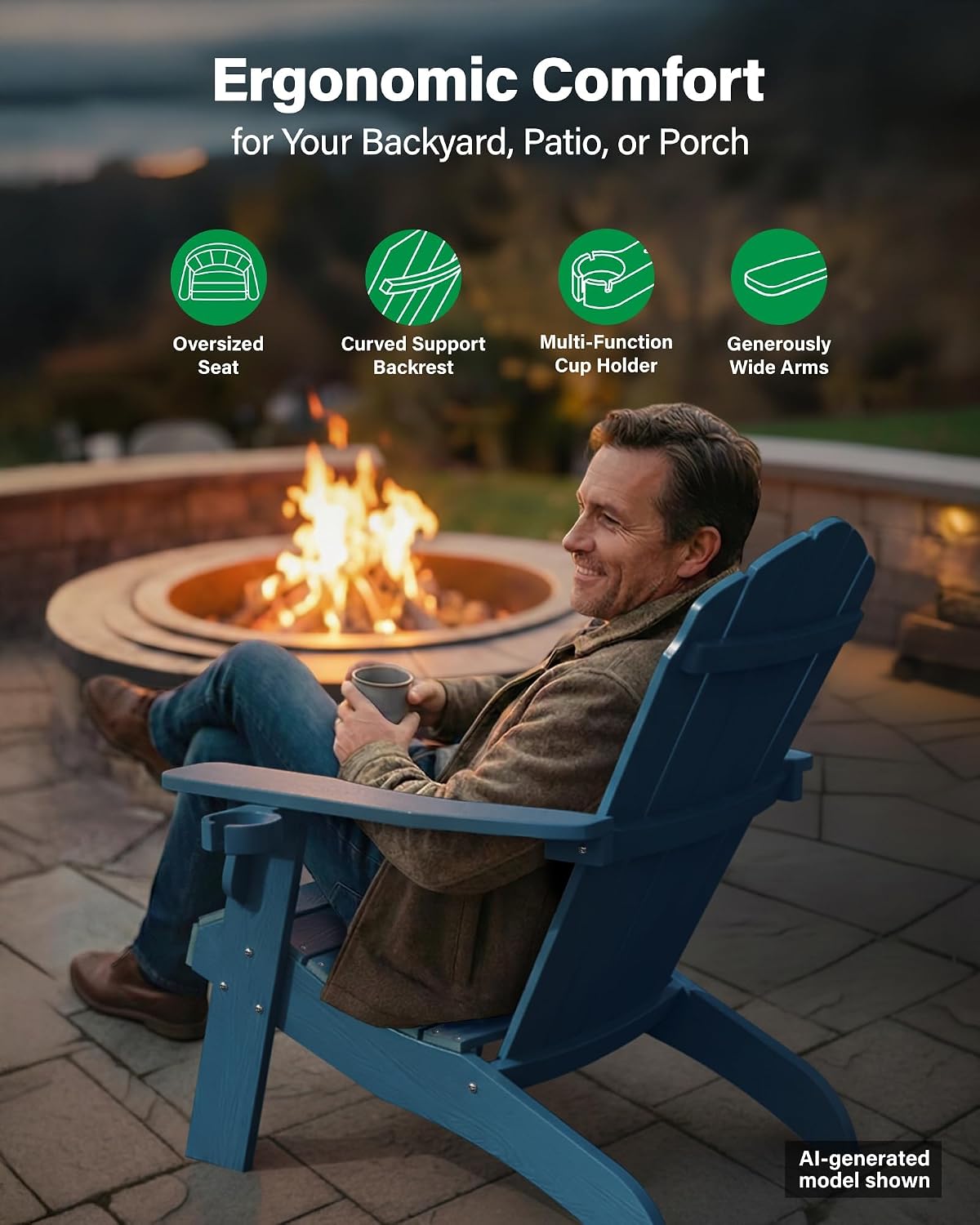YEFU Oversized Adirondack Chair Set of 4 with Cup-Holder- Navy Blue | Heavy Duty Poly Lumber Outdoor Fire Pit Chair, Weather Resistant, Plastic Chair for Patio, Lawn, Deck, Weight Capacity 450lbs