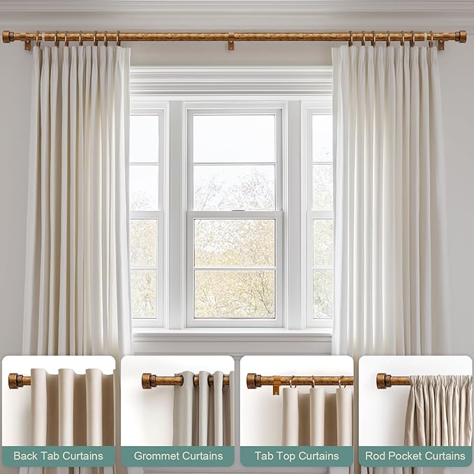 Retro Gold Curtain Rods for Windows 72 to 144 Inches Adjustable Length Heavy Duty 1" Diameter Window Curtain Rod with Decorative Finials for Outdoor Bedroom Kitchen Living Room Farmhouse