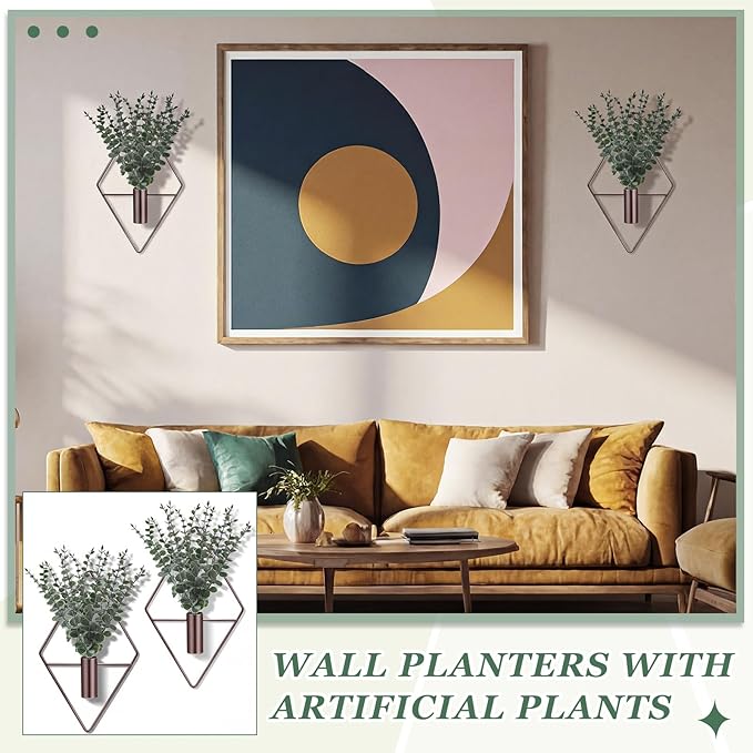 Jexine 8 Pcs Hanging Planters with Artificial Eucalyptus Metal Hanging Vase Indoor Plants Holder Modern Geometric Boho Bathroom Wall Decor for Living Room Home Office, Bronze