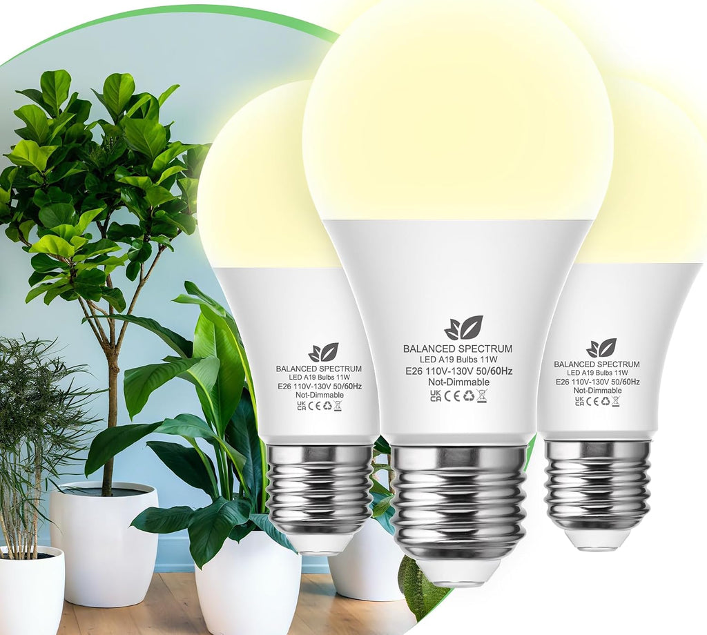A19 11W LED Grow Bulbs E26 Base Full Spectrum Plant Light Bulb for Indoor | 3 Pack 100W Equivalent Plant Lights for Indoor Growing, Flowers, Greenhouse, Seed Starting