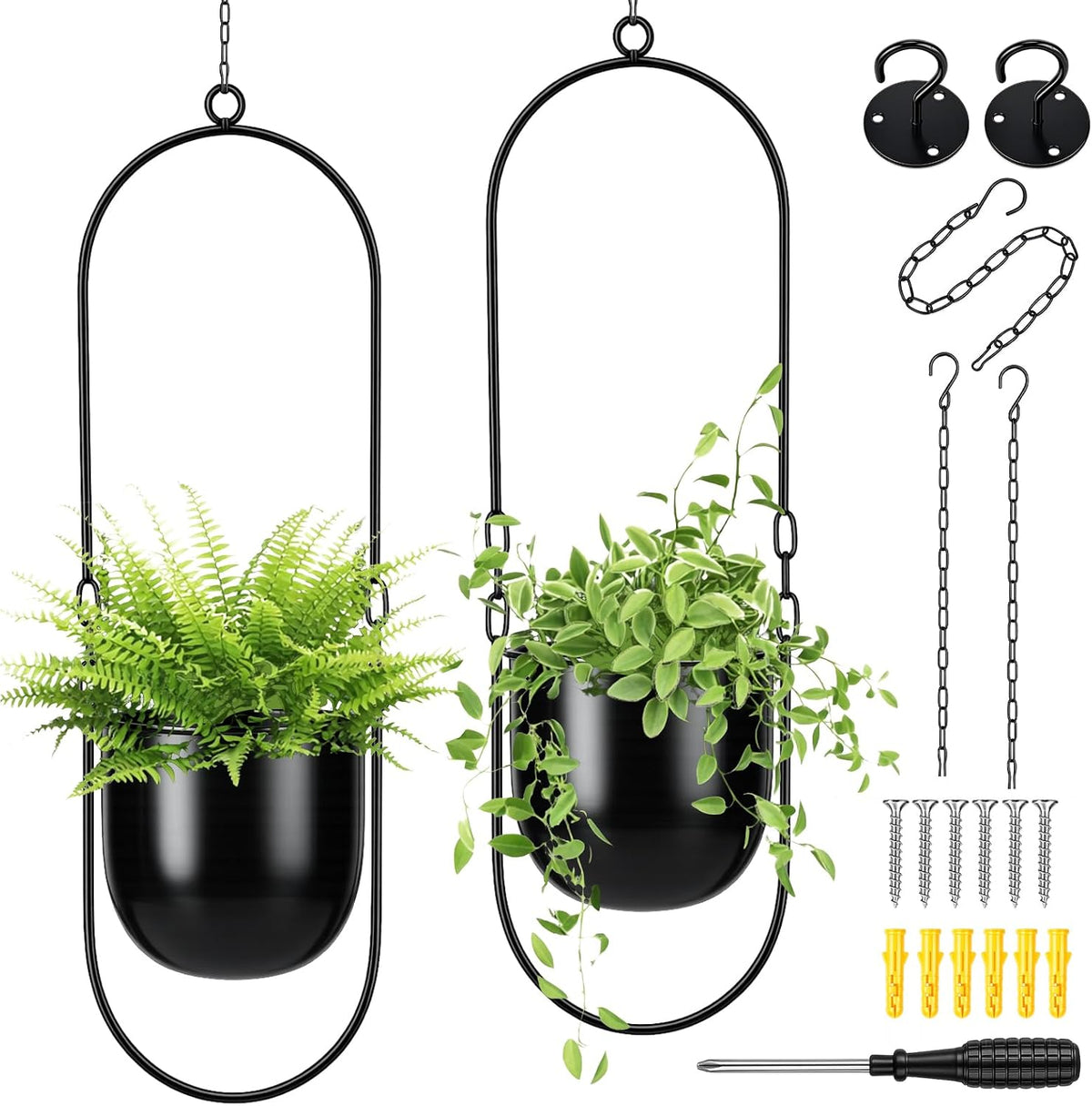 fumete 2 set black hanging planters with chains, main product view