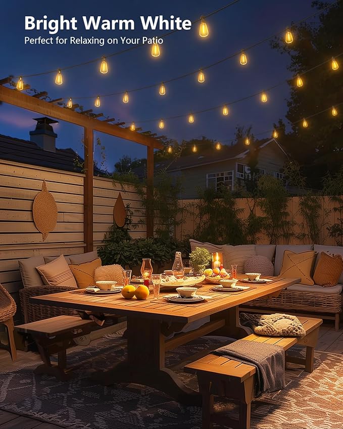 Brightown 52FT Solar String Lights Outdoor Waterproof with Remote, 15+1 LED Shatterproof Bulbs, Dimmable & Timable, 3 Light Modes - Commercial Grade Patio Lights for Garden Backyard Party Decor