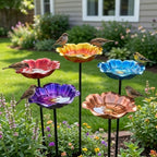 Bath Stake, Metal Flower Shape Garden Bird Feeder, Aesthetic Decor Weather Resistant Detachable Vintage Style Outdoor Birds Bath Lawn Yard(Orange)
