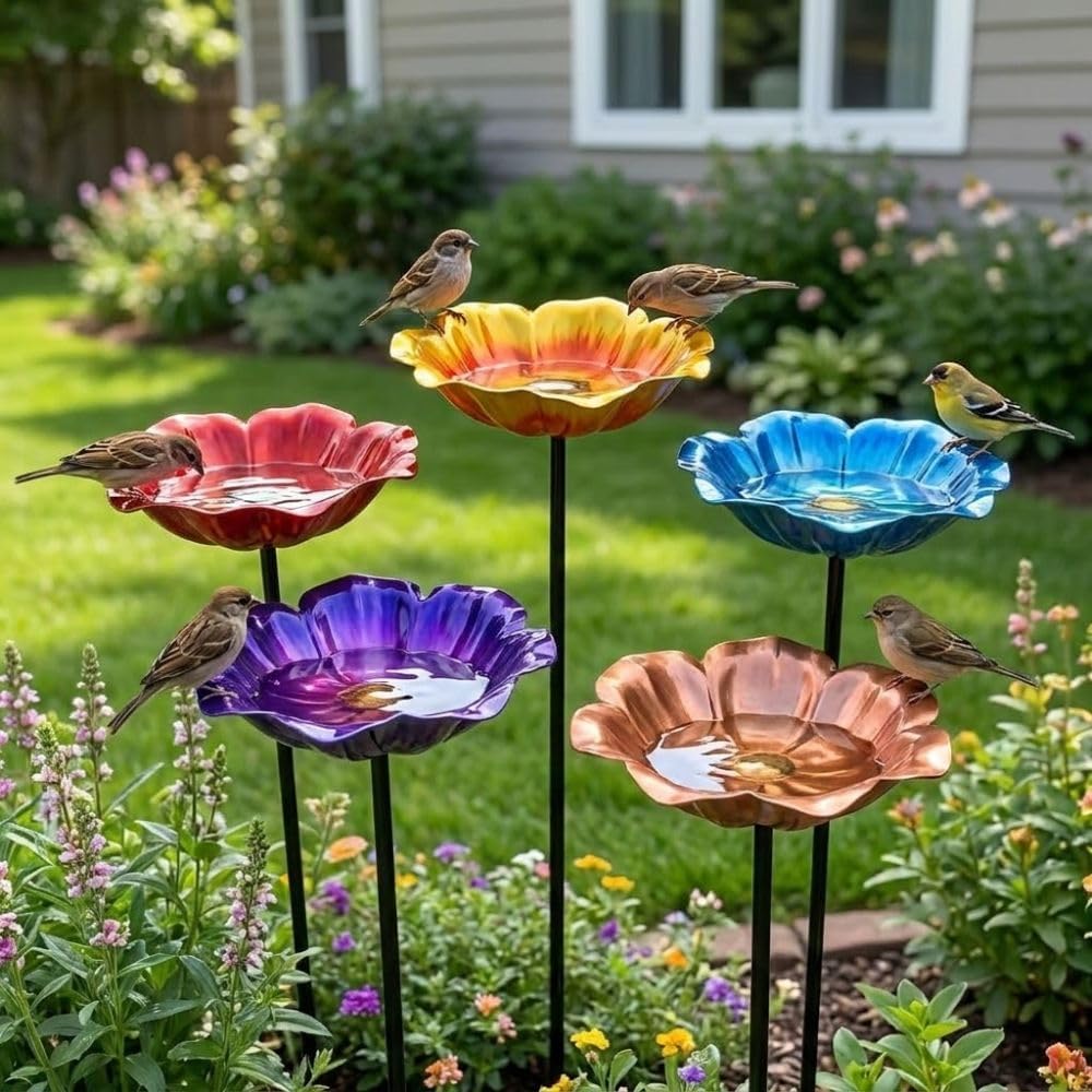 Bath Stake, Metal Flower Shape Garden Bird Feeder, Aesthetic Decor Weather Resistant Detachable Vintage Style Outdoor Birds Bath Lawn Yard(Orange)