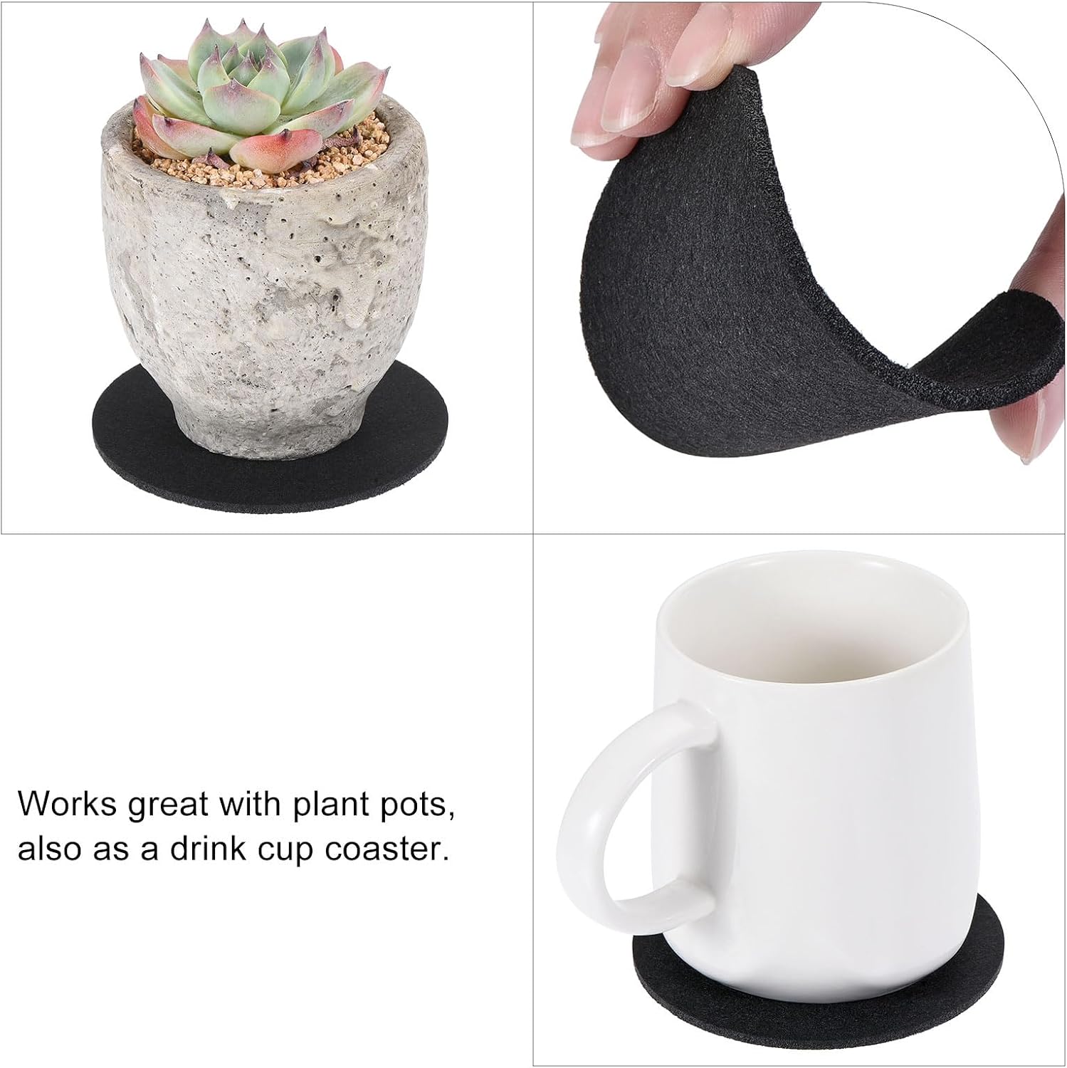 MECCANIXITY Plant Coasters 10 Inch Reversible Absorbent Waterproof Round Felt Pad Mat, Black 3 In1 Set (Pack of 2)