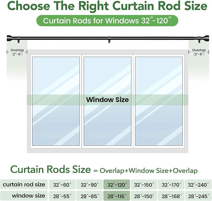 Time Forest Black Curtain Rods for Windows 32 to 120 Inch (2.6-10 Feet), 1 Inch Diameter Adjustable Heavy Duty Curtain Rod, Modern Style Indoor Outdoor Long Window Drapery Rods with End Caps