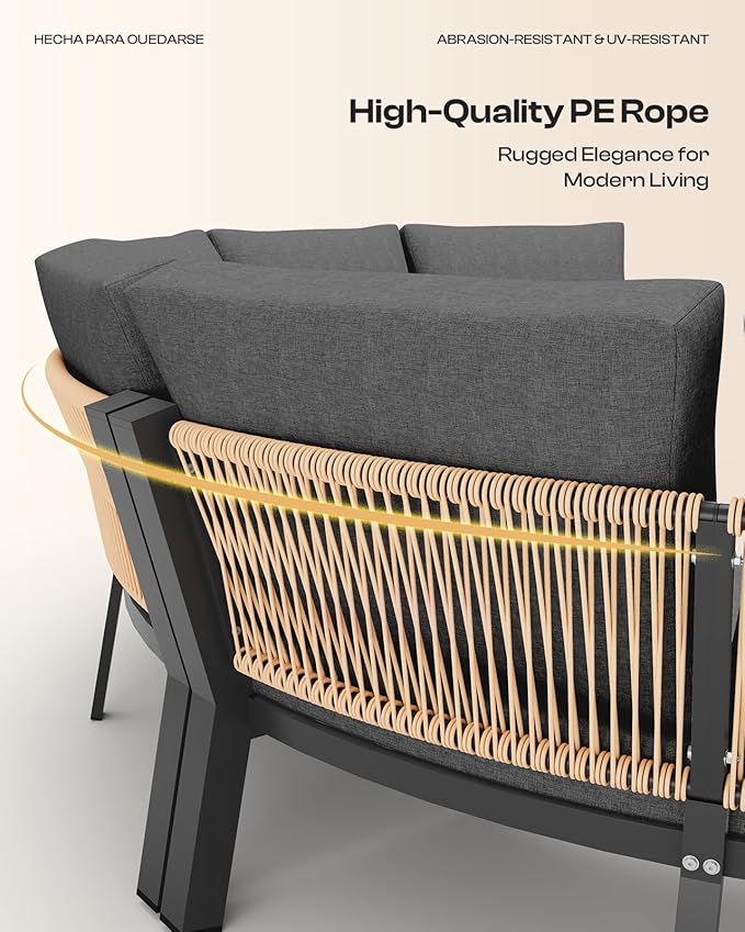 Outdoor Patio Sectional Modular Sofa, Aluminum 1 Piece Curved Patio Couch with Washable Cushions, All Weather PE Rope Sofa for Backyard,Porch, Deck, Poolsid, Graphite