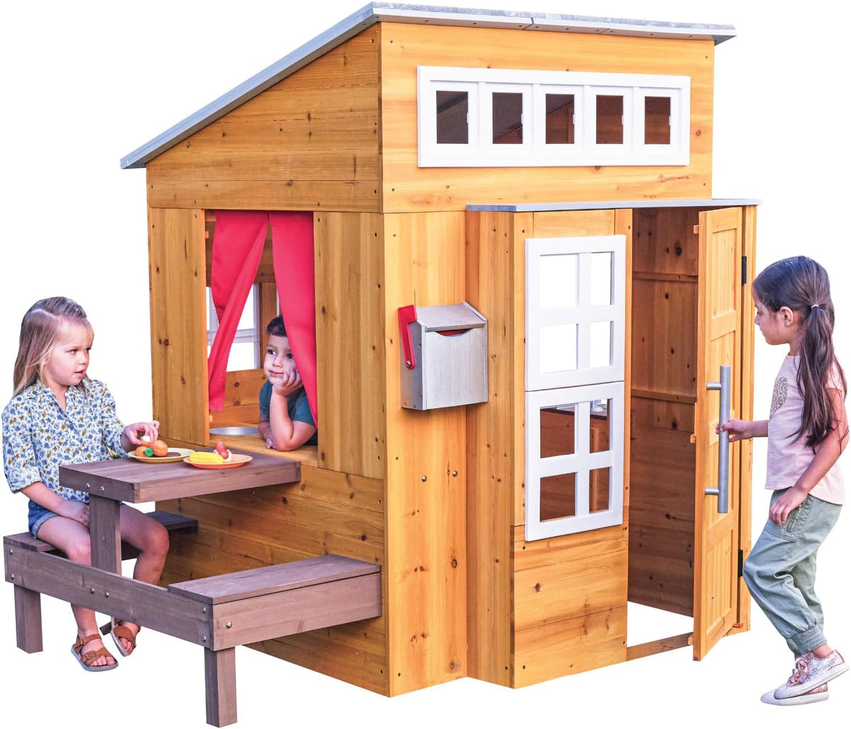 kidkraft modern outdoor wooden playhouse with picnic table, main product view
