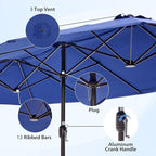DUMOS 15FT Large Patio Umbrella with Base Included, Heavy Duty Extra Wide Outside Umbrella with 12 Ribbed Bars, Rectangle Outdoor Table Umbrella for Patio, Backyard, Pool, Deck & Garden, Blue