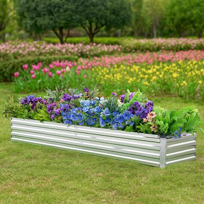 2 Pack 8x2x1FT Galvanized Raised Garden Bed Kit, Outdoor Metal Planter Box for Vegetables, Bottomless Rectangular Gardening Bed with Support Rods, Tool-Free Assembly, Silver