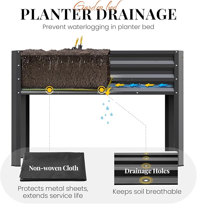 KING BIRD Large Raised Garden Bed with Legs Galvanized Elevated Planter Box 48×24×32 in for Backyard, Patio, Balcony, 400lb Capacity, Dark Grey 2pcs