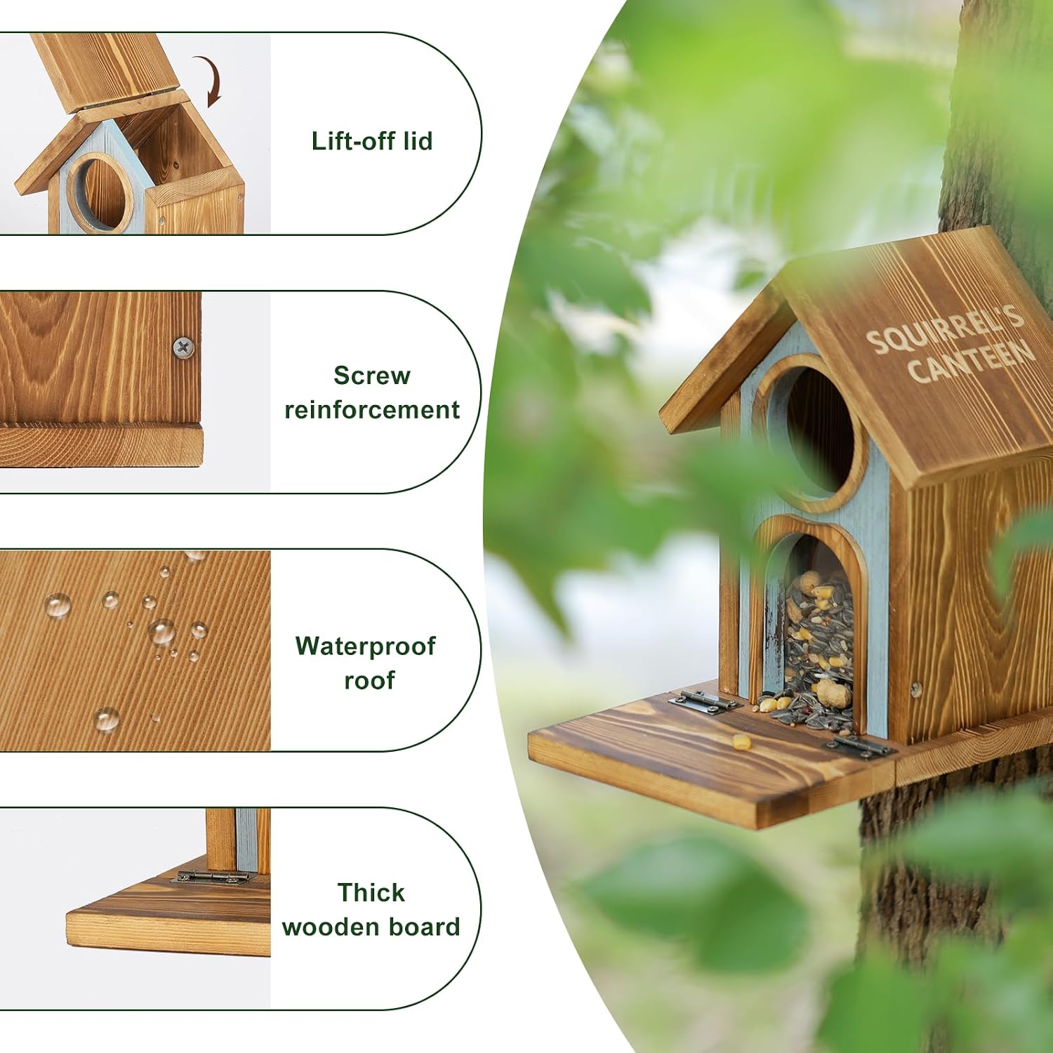 Wooden Squirrel Feeder, Large Capacity Squirrels Feeders for Outside, Sturdy Construction, No Assembly Lovely Chipmunk Feeder for Corn, Peanut, Nuts, Chestnuts (Brown-1pk)