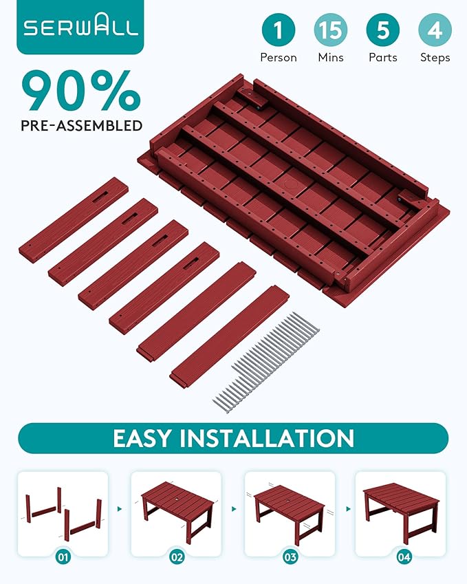 SERWALL Outdoor Coffee Table with 1.69" Umbrella Hole, HDPE Patio Coffee Table for Outside, Rectangle, Red