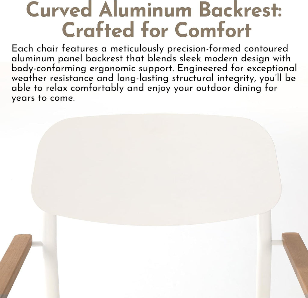 Modern Shade Luxury Outdoor Dining Chairs Set of 2, Fade Resistant, All-Aluminum Outdoor Chairs with FSC Teak Wood Armrests, Weather-Resistant Patio Chair with Quick Dry Cushion, White