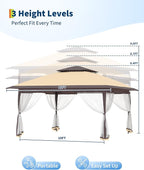 Canopy Tent 12x12 ft, Pop Up Gazebo One-Push Setup with 4 SandBags for Backyard Parties and BBQs, Mosquito Netting & Height Adjustable - Khaki & Coffee
