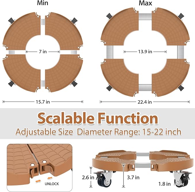 VANCASTLE Plant Caddy with Lockable Wheels Heavy Duty 450lbs Capacity, 15-22 Inch Adjustable Plant Stand with Wheels Rolling base, Plant Dolly for Flower Pot Mover Indoor Outdoor, Khaki, 1 Pack