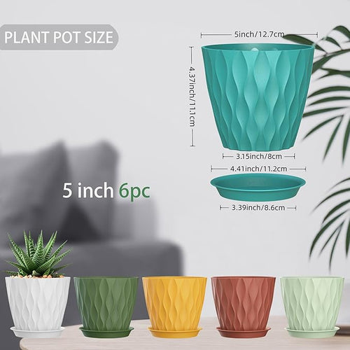 5 Inch Planter Pots, 6 Pack Indoor Planters, Small Flower Pots with Drainage Holes and Tray for Succulents, Orchids, Herbs and Other Indoor Plants (Multicolor, 5inch)