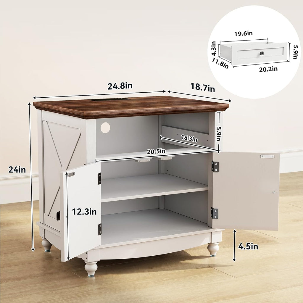 Farmhouse End Table with Charging Station, 24inch White Nightstand with Door and Storage Cabinet, Bedside End Table with Adjustable Shelf, Wood Bedside Table, Night Stand for Living Room and Bedroom