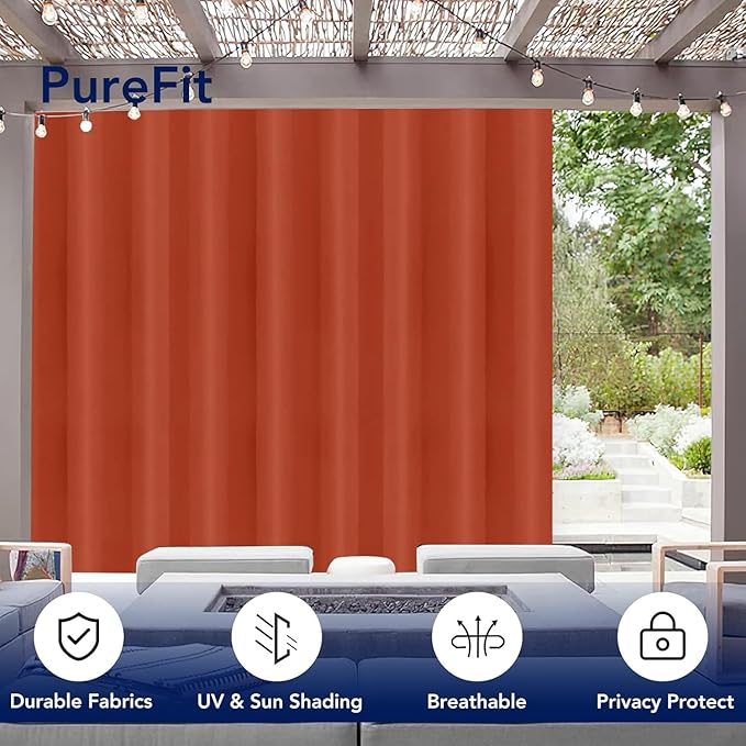 PureFit Outdoor Curtains for Patio Waterproof Weatherproof, UV Resistant Outside Curtains for Gazebo, Front Porch, Pergola, Sun Blocking Privacy Curtain, 120W x 108L inch, 1 Panel, Red Clay