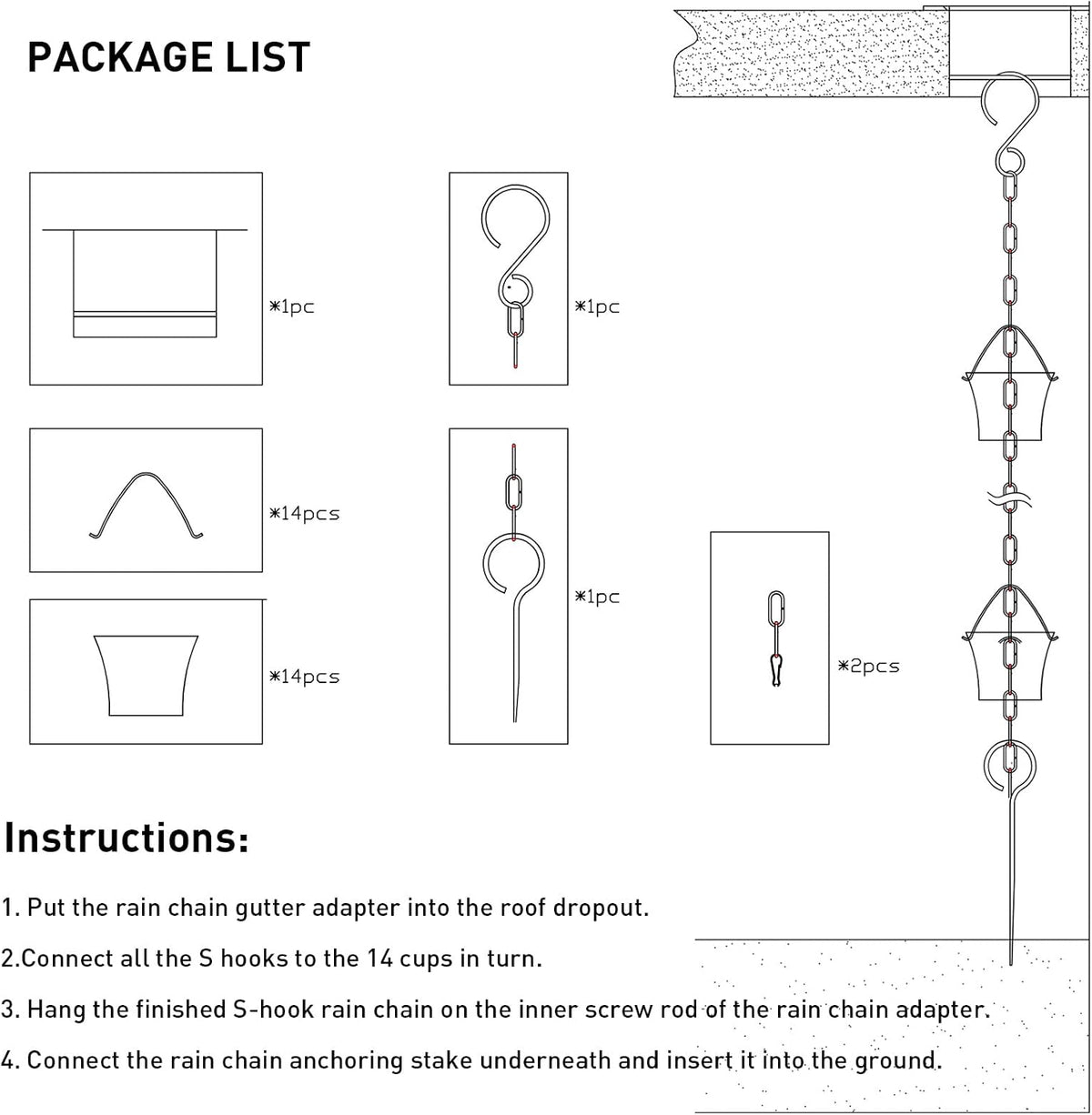 rain chain set 8.5 ft,not rust wrought iron, package contents