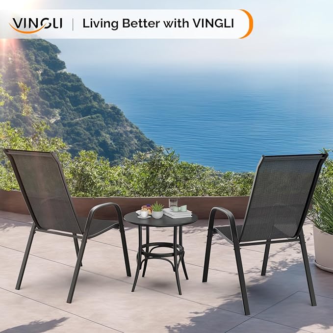 VINGLI Patio Chairs Set of 6 – Stackable Outdoor Dining Chairs with Comfortable Sling High Back Chairs and Armrests for Lawn, Poolside, Courtyard, Balcony, Garden, Black