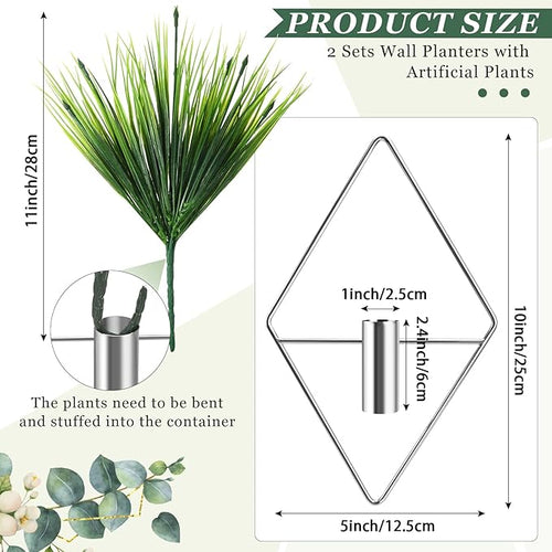 4 Pieces Silver Wall Decor Hanging Planters with Artificial Plants Metal Vase Indoor Aquatic Plant Holder Modern Geometric Wall Art for Home Bathroom Bedroom Living Room Office