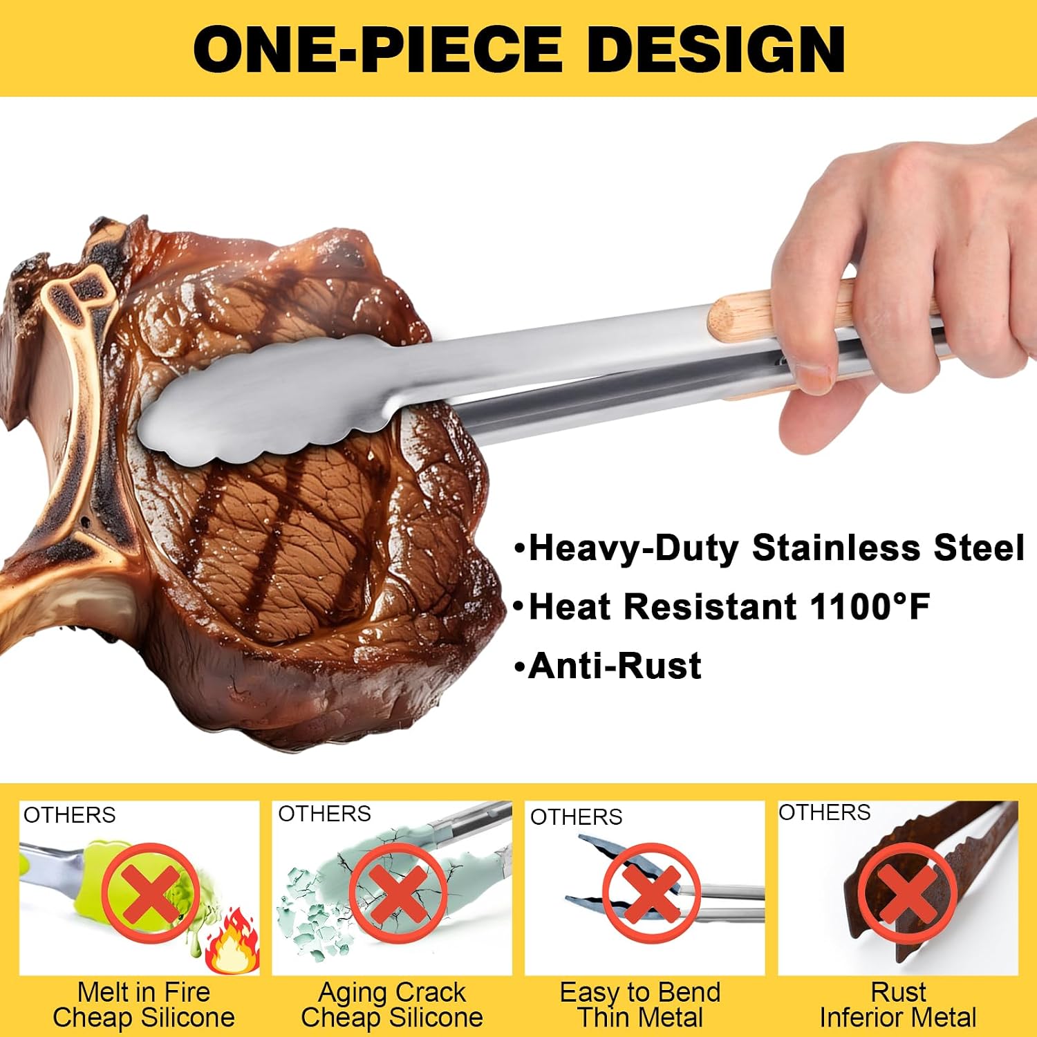 Premium Metal Kitchen Tongs for Cooking - Heat Resistant 1100°F Stainless Steel Tongs with Comfortable Wooden Grips - Perfect for Grill, Salad, Toaster, Cooking, and Serving Food (12-inch)