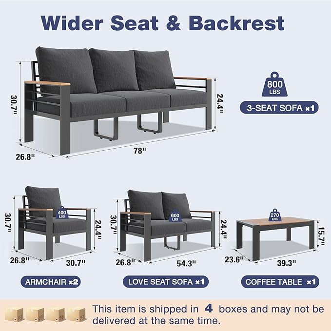 Aoxun Aluminum Patio Furniture Set 7 Seats, Oversized Outdoor Sectional with Washable Thick Cushions, Coffee Table and Waterproof Cover, Patio Conversation Sets for Porch, Balcony, Deck