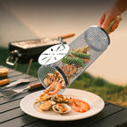 Rolling Grill Basket with Removable Wooden Handle, 304 Stainless Steel, Nesting Grilling Net BBQ Tool Accessories for Veggies, Shrimp, Outdoor Cooking, Camping Ideal Christmas Birthday Gifts