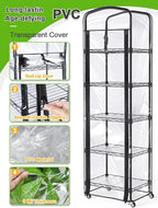 Abimars 5-Tier Mini Greenhouse with Caster Wheels, Each Shelf Height Adjustable Metal Plant Shelf with PVC Cover for Seed Starting Trays, Seedling Pots, Plant Pots, 11x16x57inch