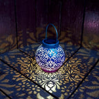 2 Pack Outdoor Solar Hanging Lantern Lights Metal LED Decorative Lamp for Garden Patio Courtyard Lawn and Table with Hollowed-Out Design (Royal Purple)