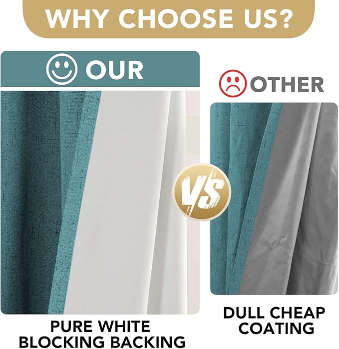 H.VERSAILTEX Primitive Linen Curtains 100% Blackout Curtain Drapes Burlap Fabric Curtains with White Thermal Insulated Liner, Grommet Top Curtain Living Room/Bedroom (2 Panels, 42 x 45 Inch, Teal)