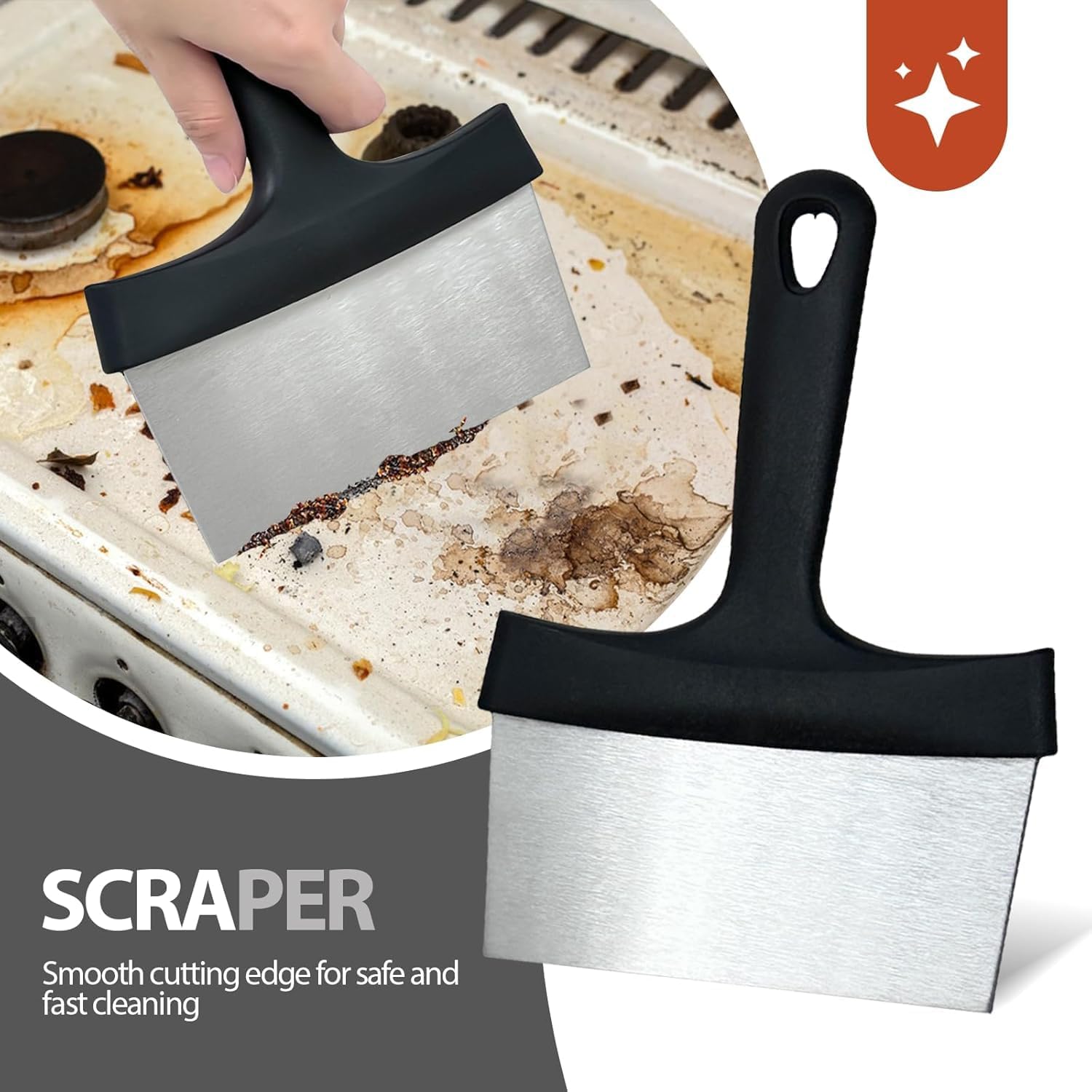 2-in-1 Blackstone Griddle Scraper & Chopper - Heavy Duty Stainless Steel Blade, 6" Wide Flat Edge for Cleaning & Cooking, Heat Resistant & Dishwasher Safe, Compatible with any Flat Top Griddle