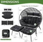 NICESOUL Indoor Outdoor Double Egg Chair with Footrest Padded Cushion, Oversized Wicker Twin Egg Shaped Chair Wide Seater with Ottoman, 2 People Loveseat Gray for Patio Porch Balcony