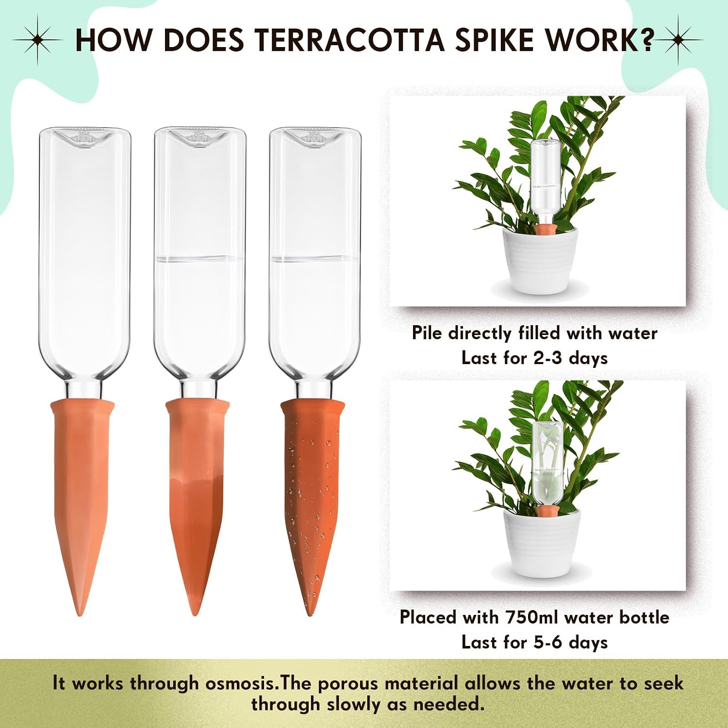 6 Sets Plant Watering Devices 6 Pcs Self Watering Spikes 6 Pcs 25 oz Plastic Bottles Slow Release Automatic Waterer Empty Liquor Bottles Terracotta Spikes for Vacation Plant (Ceramic Color)