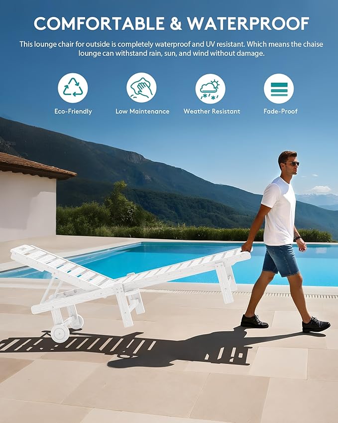 SERWALL Outdoor Chaise Lounge Set of 2 with 9FT Patio Umbrella, HDPE Pool Lounge Chair with 5-Position Adjustable Backrest, Patio Lounger with Rolling Wheels & Cup Holder for Pool, White