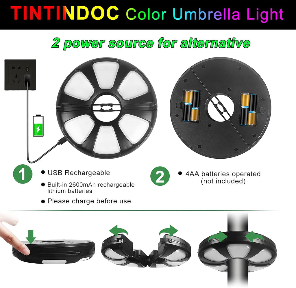 Color Umbrella Light with Remote, Outdoor/Patio Umbrella Light, Rechargeable/AA Battery, Umbrella Pole Light, 300Lumen, Stepless Dimming, for Patio Table