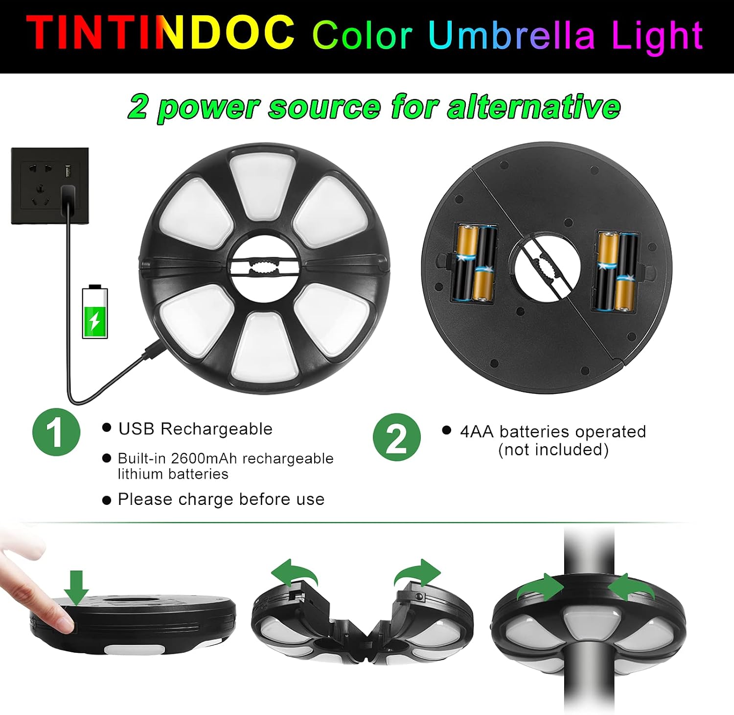 Color Umbrella Light with Remote, Outdoor/Patio Umbrella Light, Rechargeable/AA Battery, Umbrella Pole Light, 300Lumen, Stepless Dimming, for Patio Table