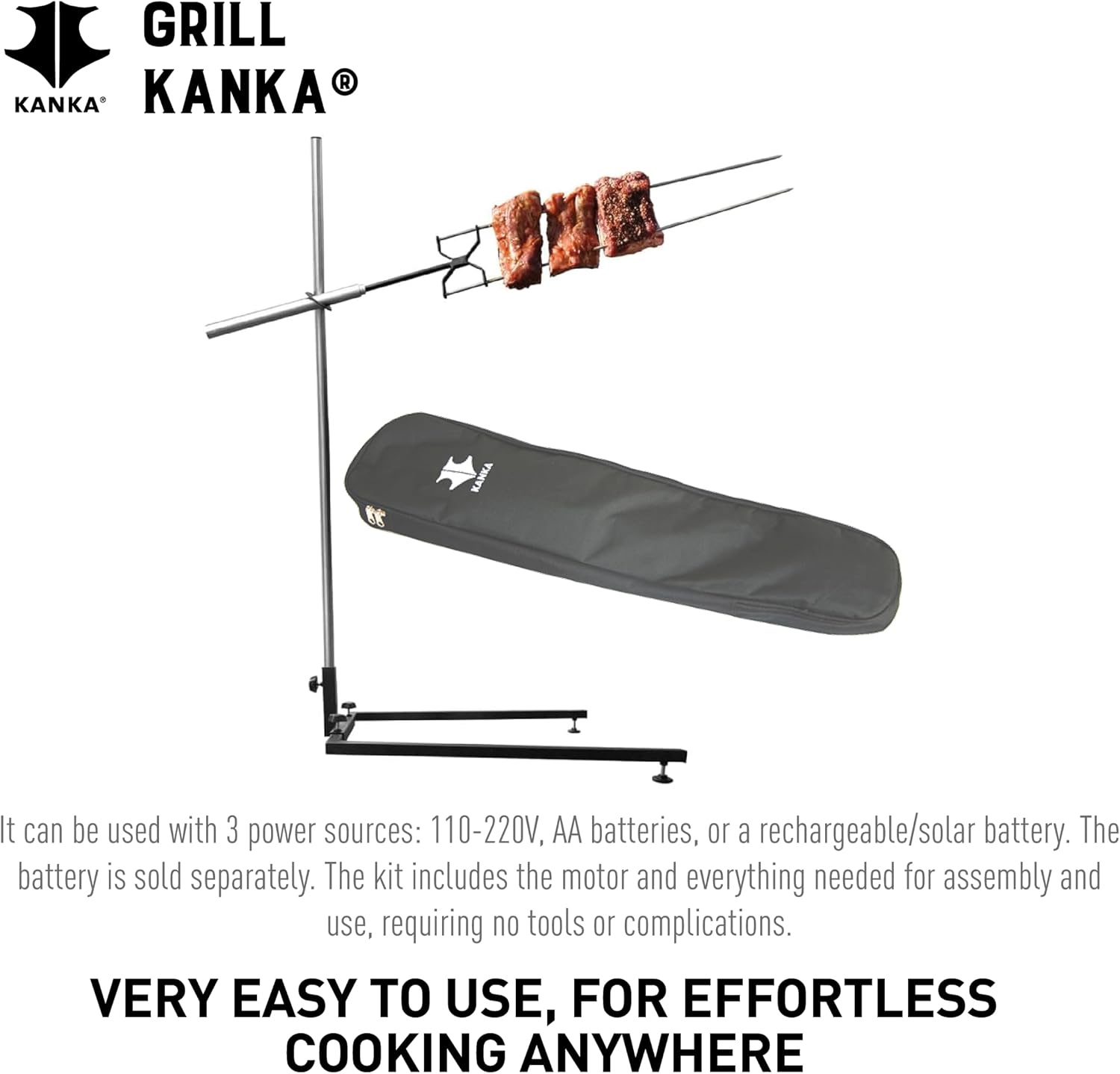 KANKA Rotisserie Grill Kit – Heavy Duty Portable Spit Roaster with Electric Motor – Works with Fire Pits, Campfires, Charcoal & Gas Grills – 22LB Capacity, Stainless Steel - Includes Carrying Bag